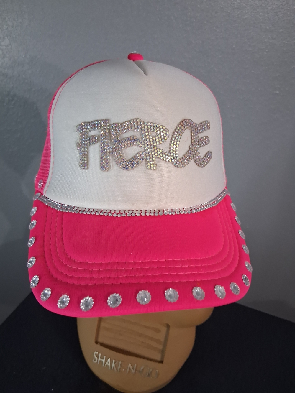 Hand Crafted Fierce Embellished Trucker Hat - Hot Pink & White